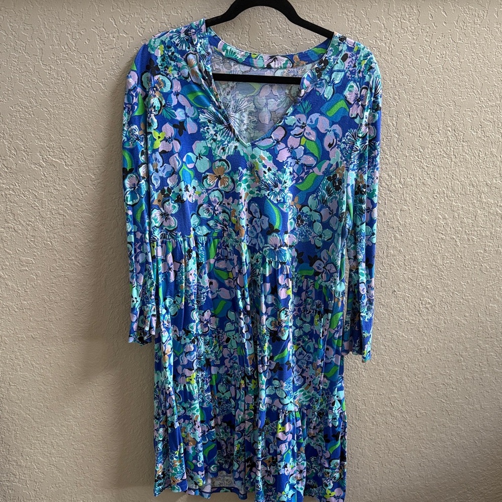 Lilly Pulitzer Blue Floral V-Neck Long Sleeve Dress